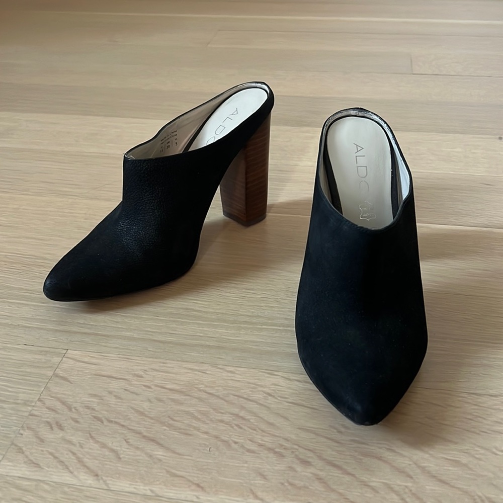 Aldo Block Heel Mule US 7.5 Black Suede Leather